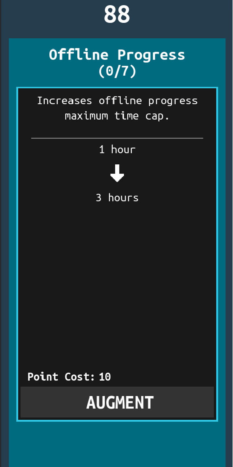 The Offline Progress Augment preview shows a one-hour cap increasing to three hours for a point cost.