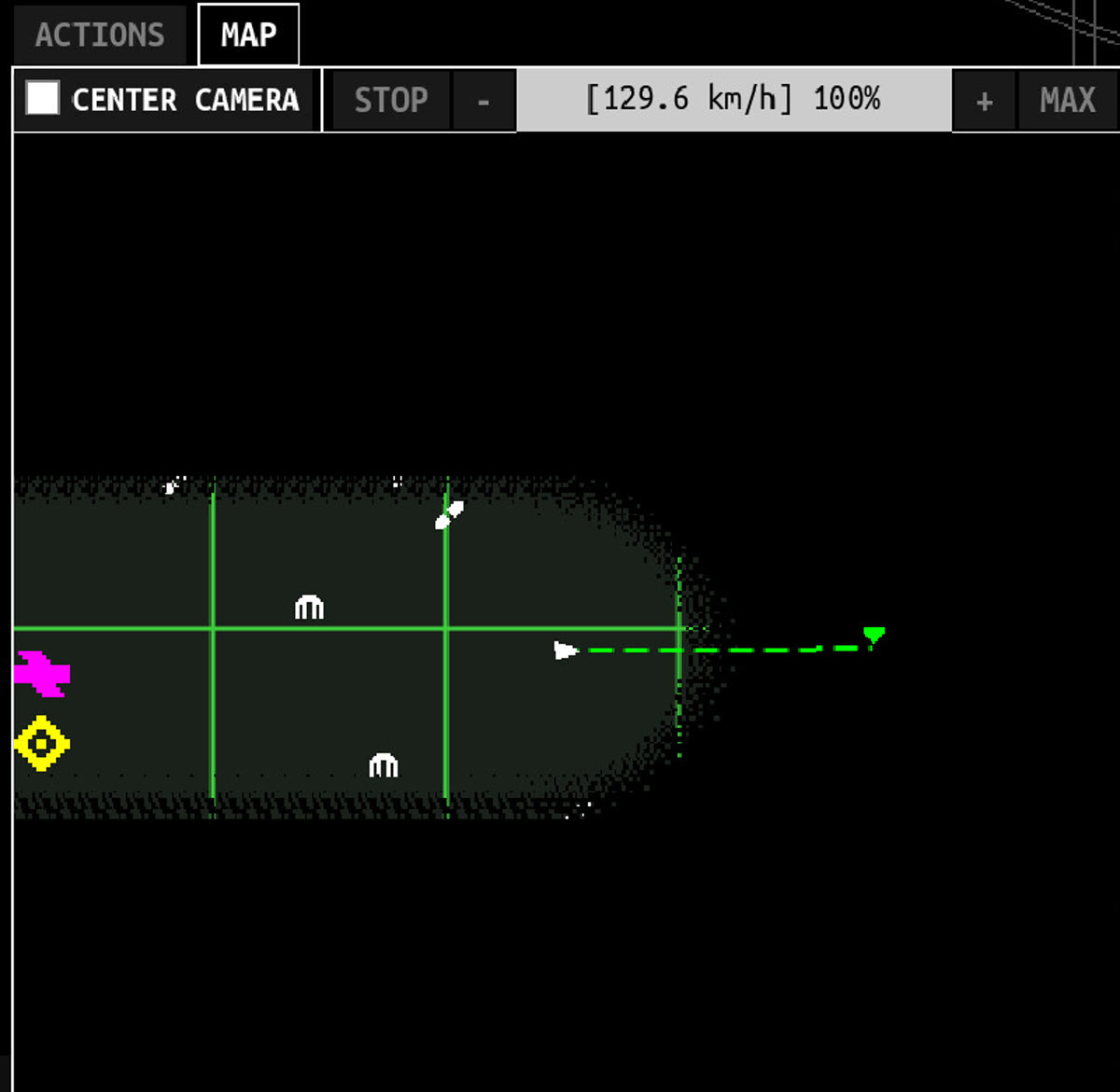 The Map panel shows current speed, route controls, explored space, POI symbols, and a destination line.