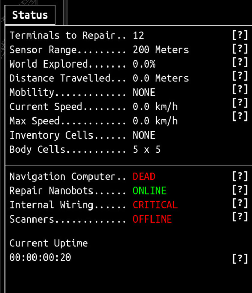 The opening Status panel shows no Mobility, a dead Navigation Computer, critical Internal Wiring, and offline Scanners.